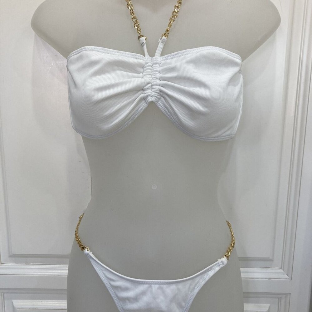 White Thong Bikini 2-piece gold chains sz L removeable cups - Picture 1 of 15